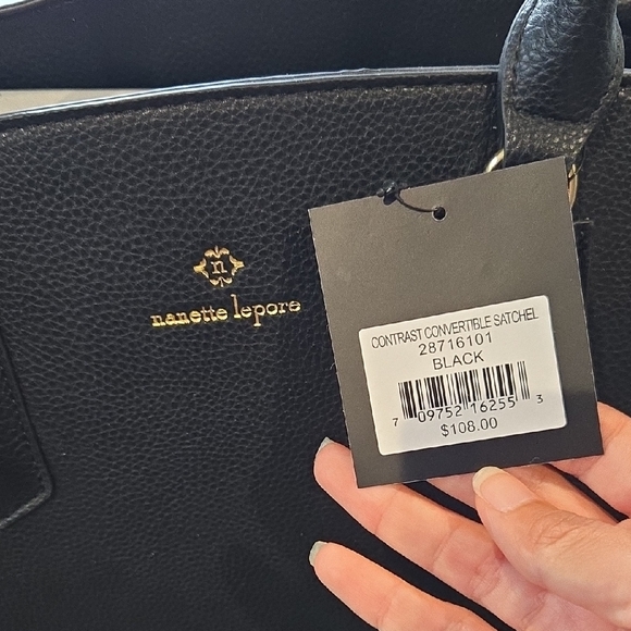 NWT Nanette Lepore Comtrast Convertible Vegan Leather Satchel Black White - Picture 3 of 8